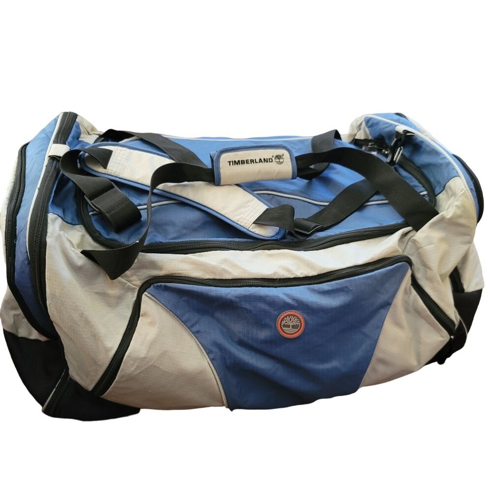 Timberland Large Blue & Grey Duffel Bag With Multiple Compartments Straps jj3643